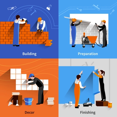 Worker design concept set with building preparation decor and finishing flat icons isolated vector illustration