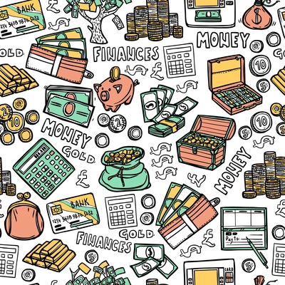 Financial trading wealth and commerce hand drawn seamless pattern vector illustration