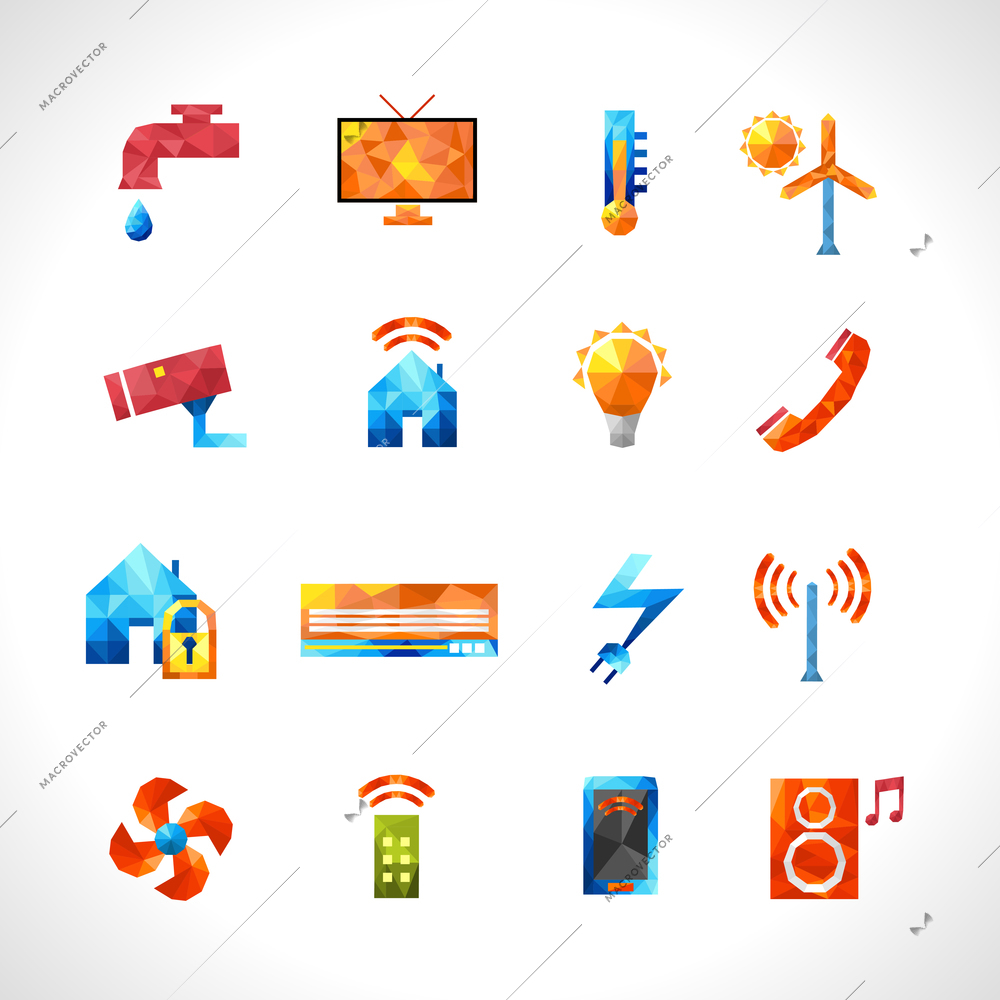 Smart house security service and utilities control polygonal icons set isolated vector illustration