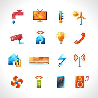 Smart house security service and utilities control polygonal icons set isolated vector illustration