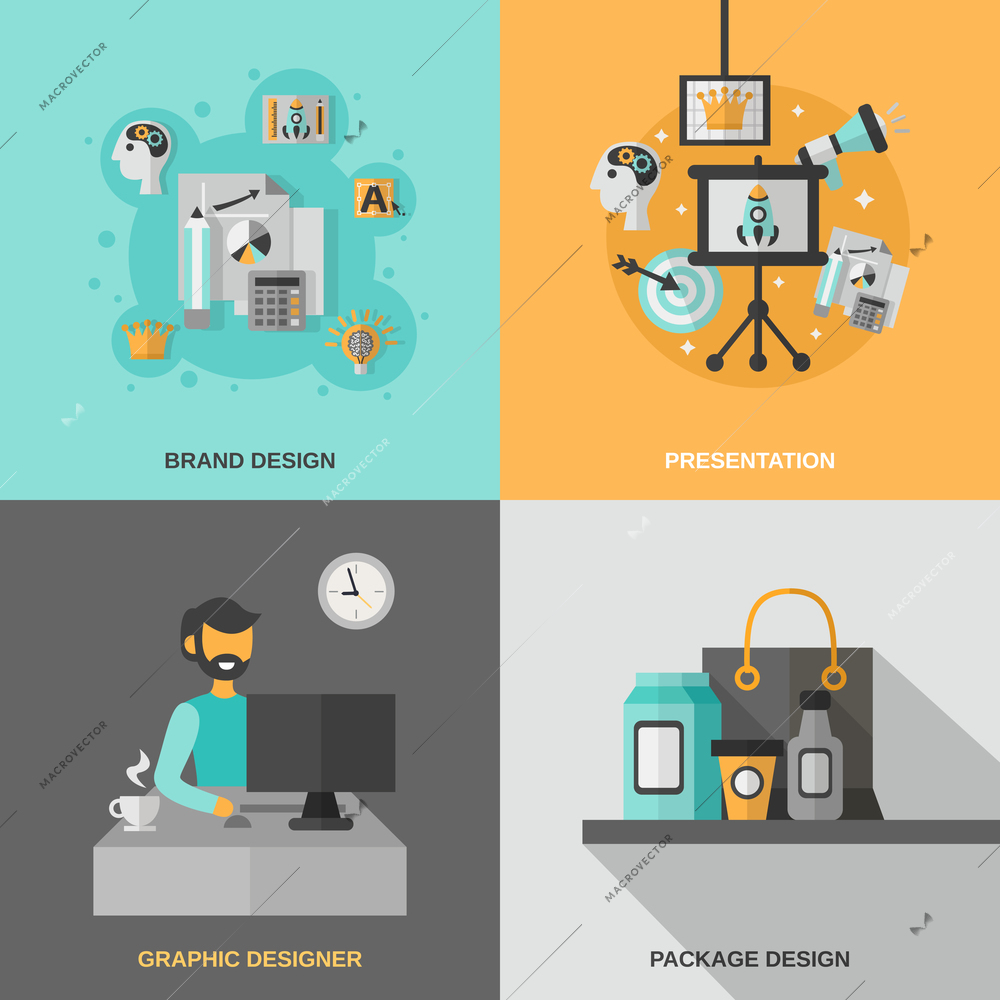 Branding design concept set with graphic designer presentation flat icons isolated vector illustration
