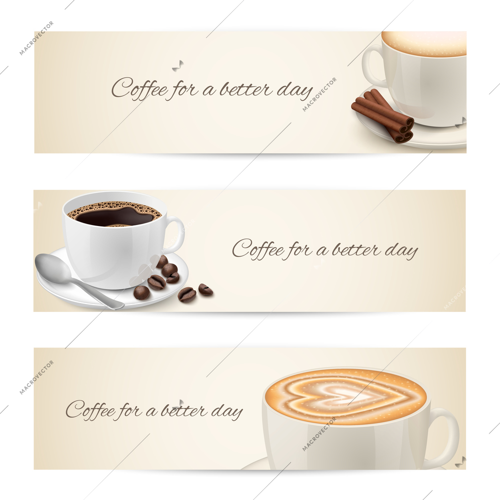 Collection of banners ribbons with coffee cups filled with espresso cappuccino isolated vector illustration