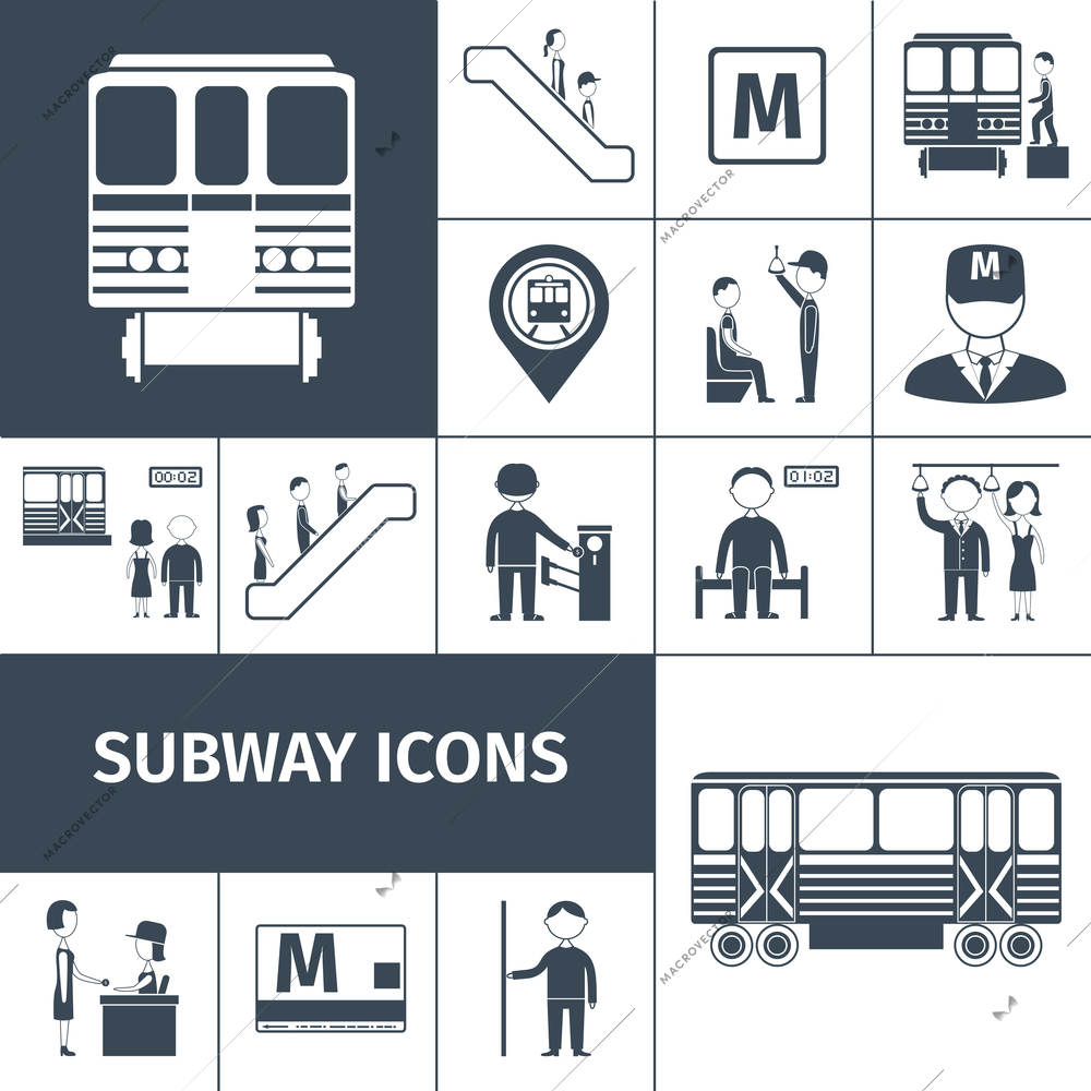 Subway transport train and station icons black set isolated vector illustration