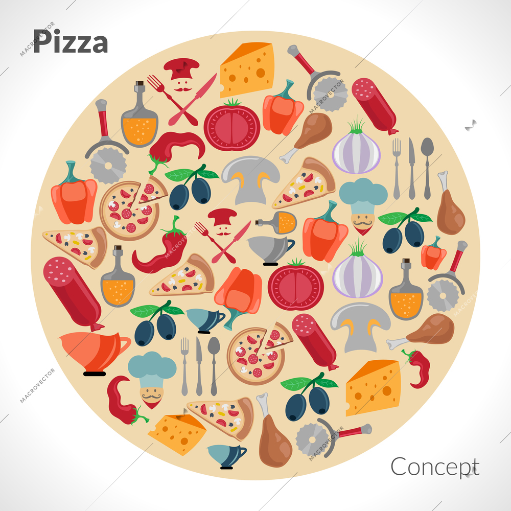 Pizza concept with food and cooking ingredients in circle shape vector illustration