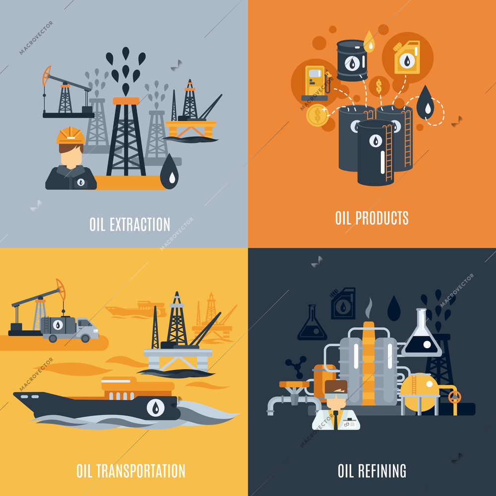 Oil industry design concept set with products extraction transportation and refining flat icons isolated vector illustration