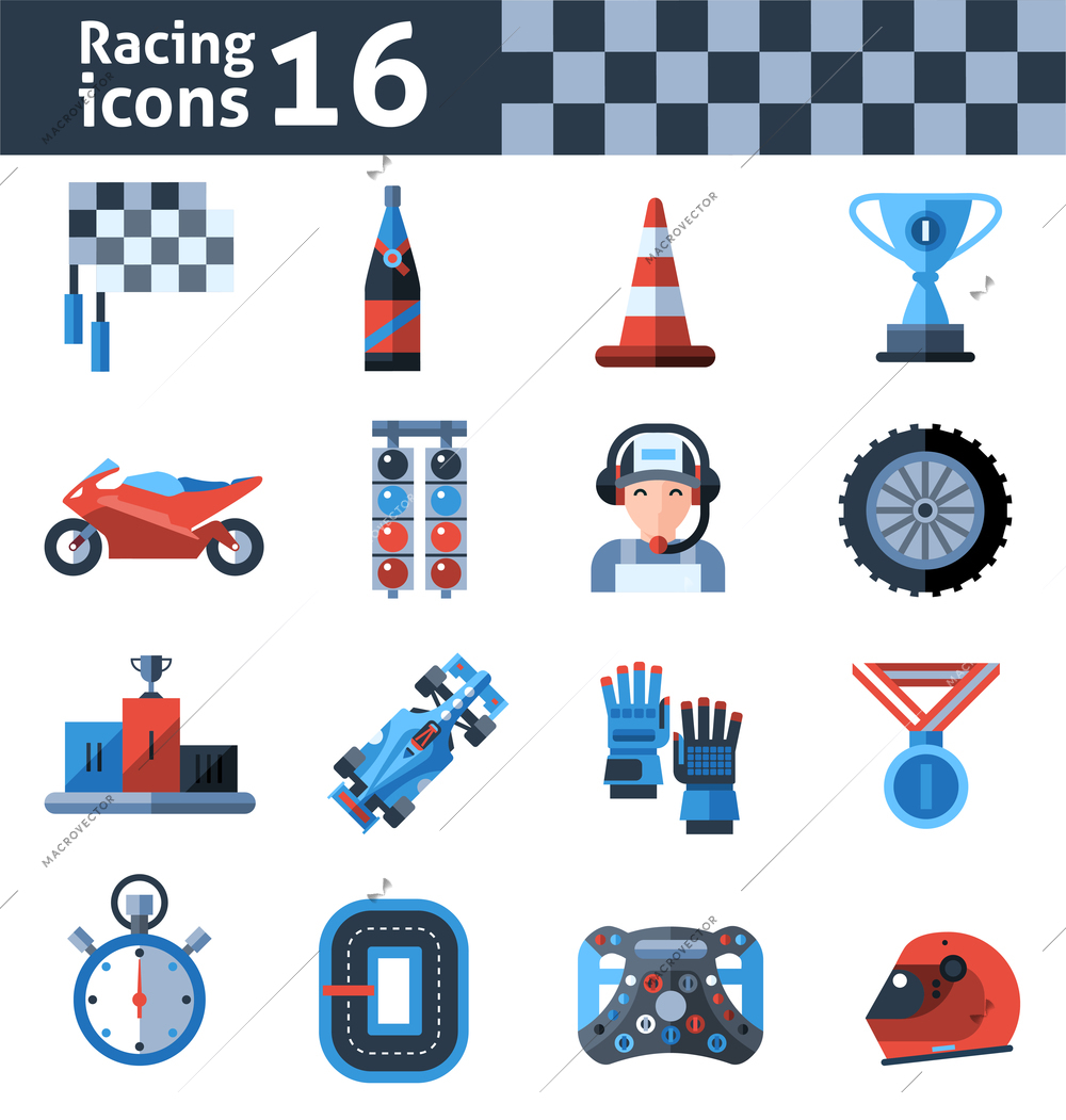 Racing icons set with motorcycle trophy helmet winner medal isolated vector illustration