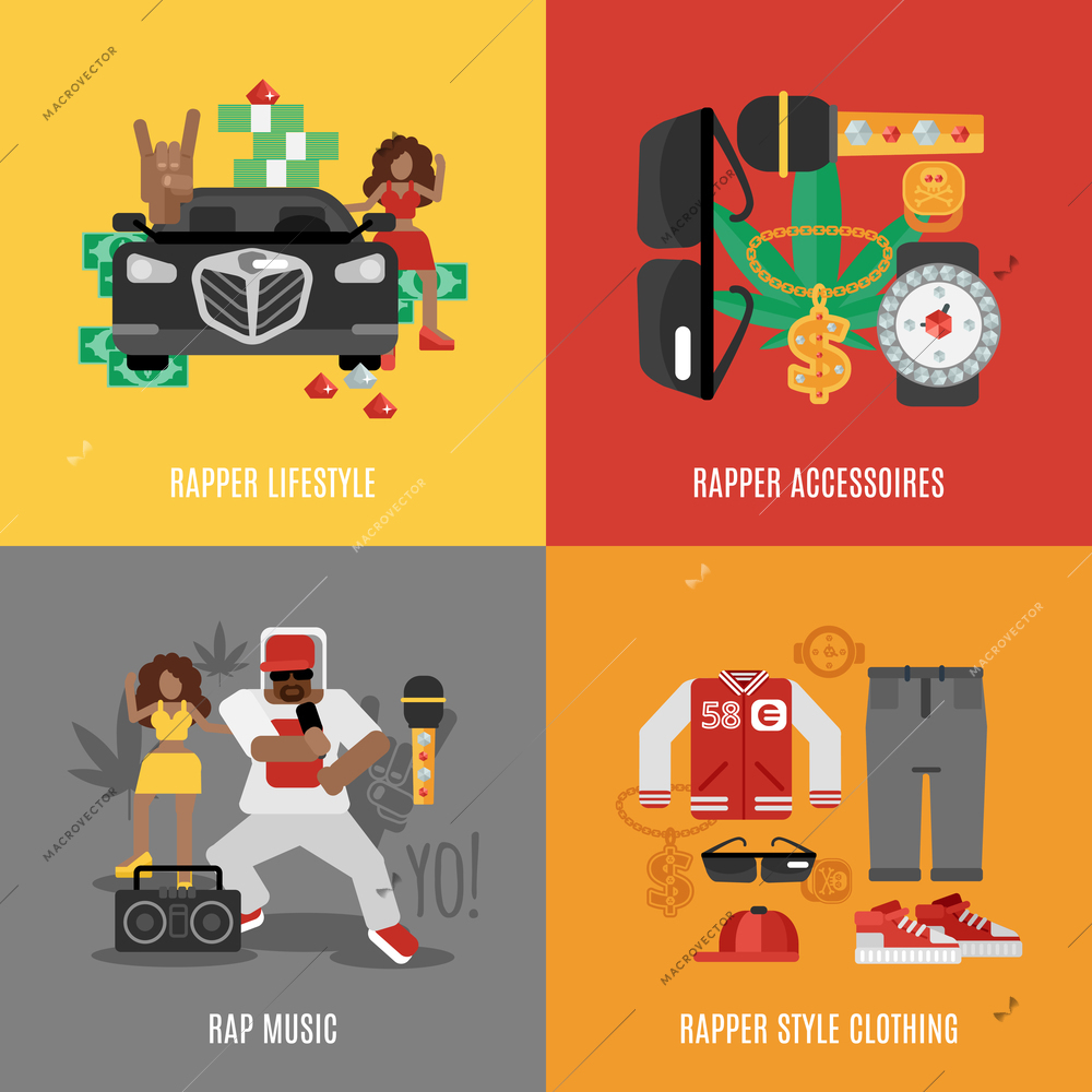 Rap music design concept set with rapper lifestyle clothing and accessories isolated vector illustration