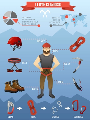 Rock climbing equipment gear and supply for alpinist infographic poster with mountains peaks background abstract vector illustration