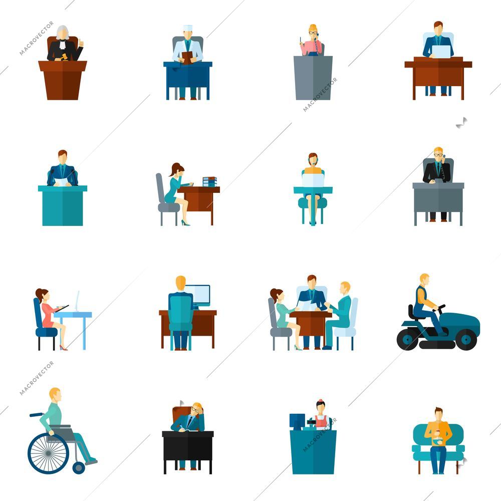 Sedentary life inactive lifestyle passive living icons flat set isolated vector illustration