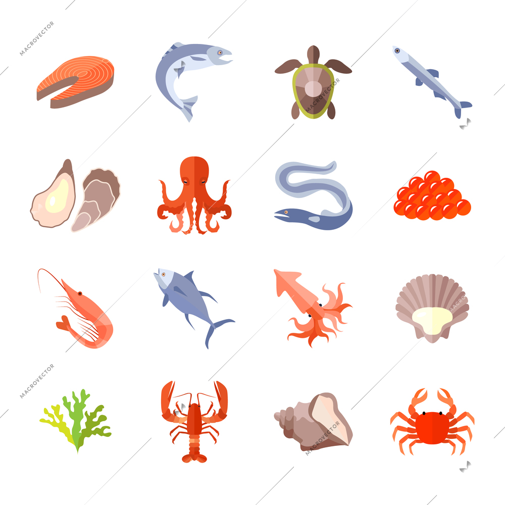 Sea food icon flat set with lobster salmon shrimp isolated vector illustration