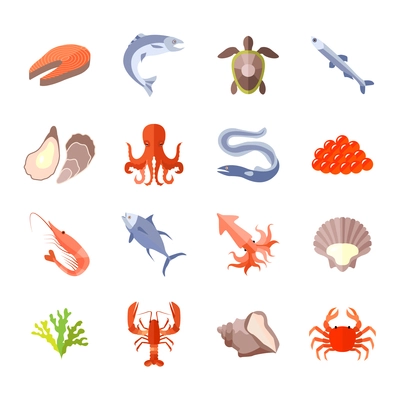 Sea food icon flat set with lobster salmon shrimp isolated vector illustration