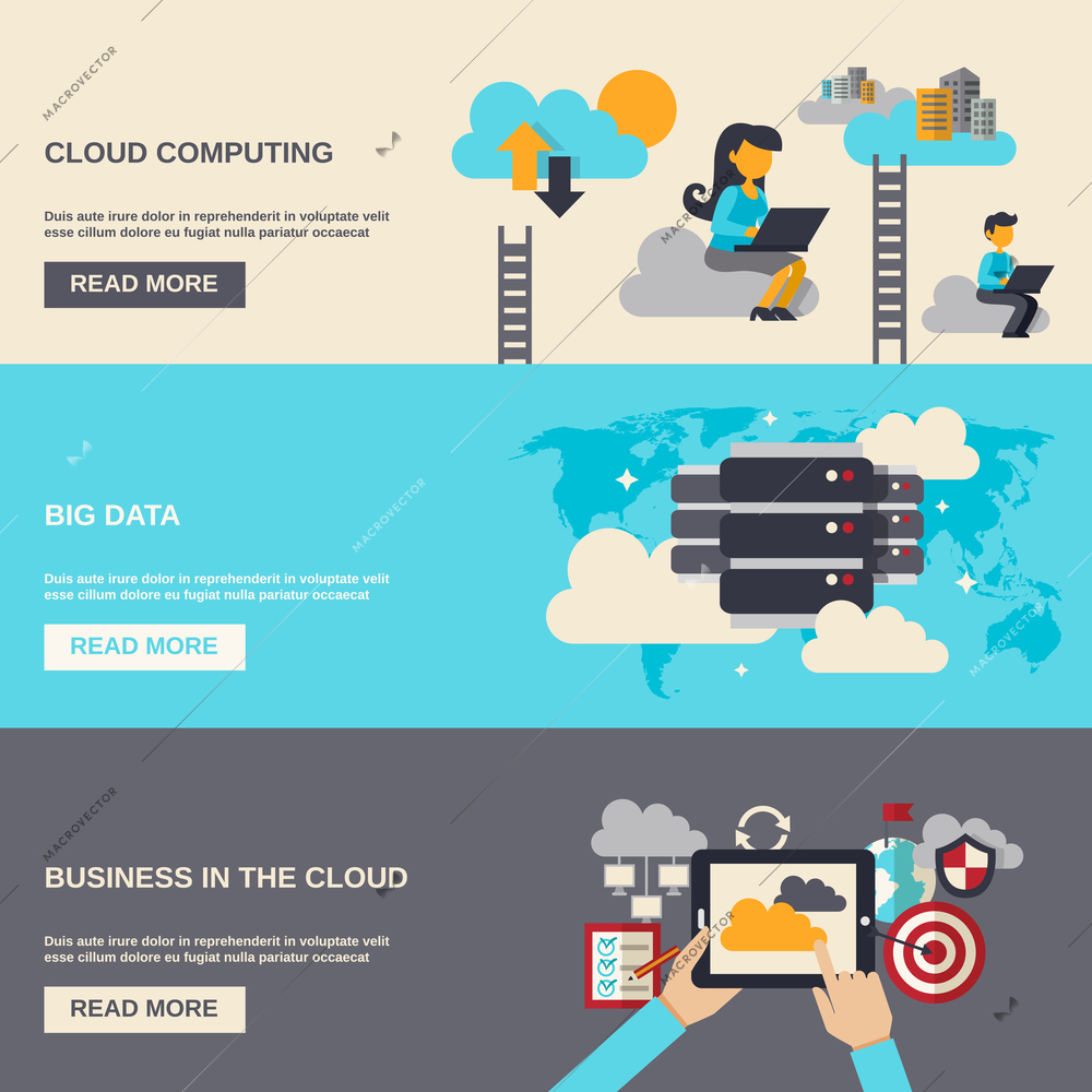 Cloud computing horizontal banner set with big data flat elements isolated vector illustration