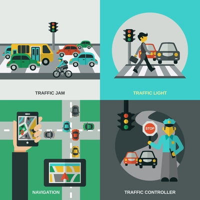 Traffic design concept set with navigation light controller flat icons isolated vector illustration