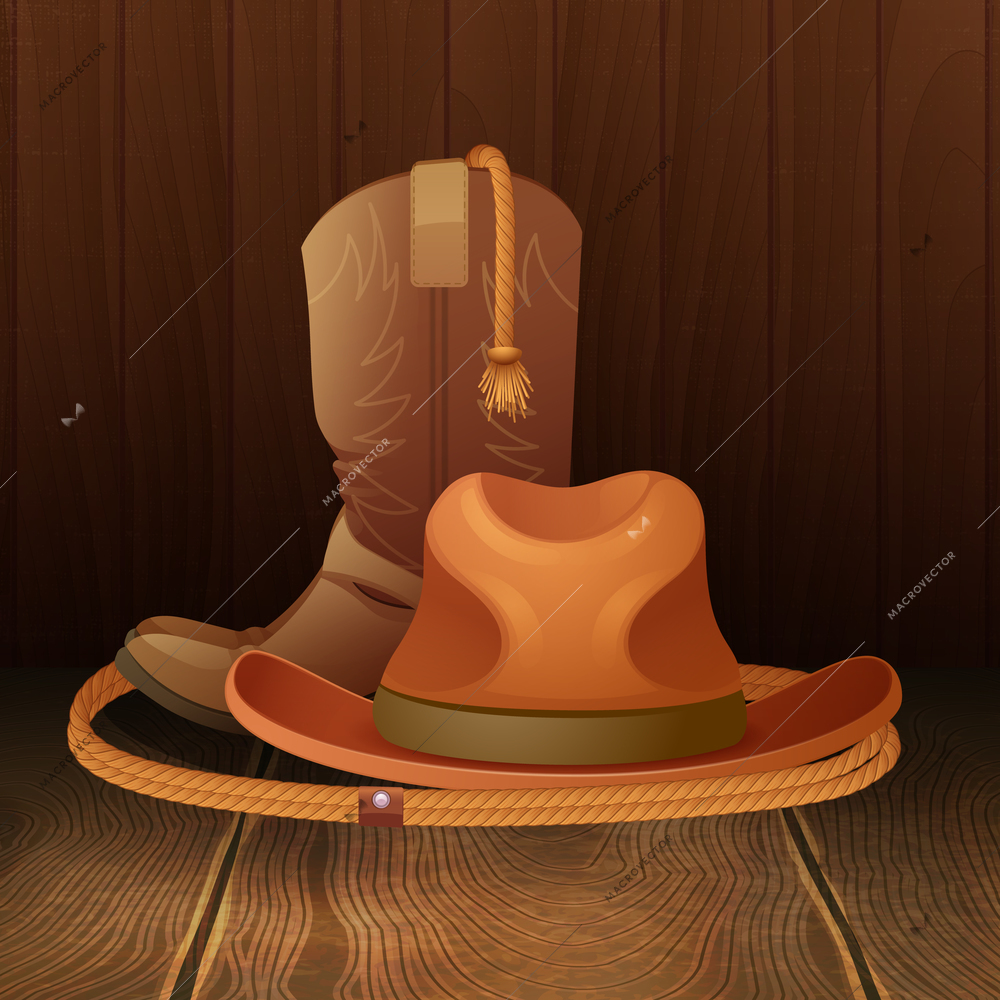 Cowboy hat boots and lasso on wooden background poster vector illustration