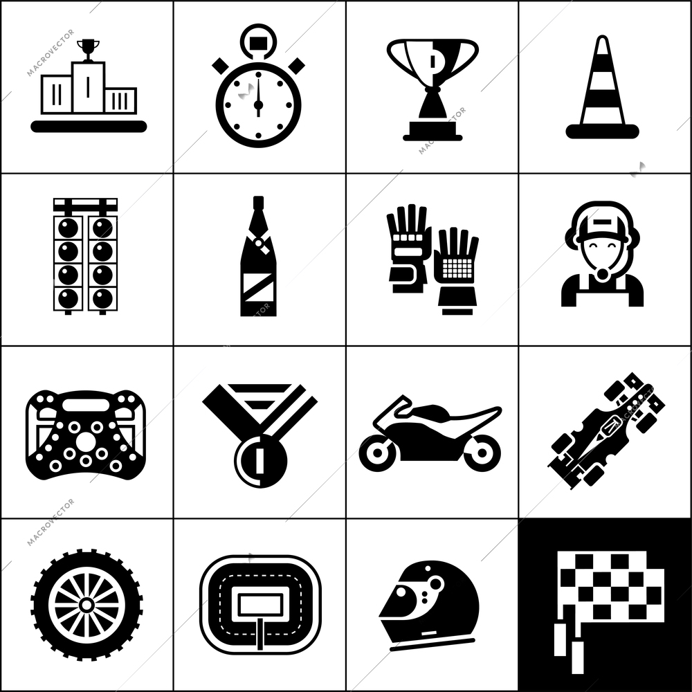 Racing icons black set with winner podium award trophy isolated vector illustration