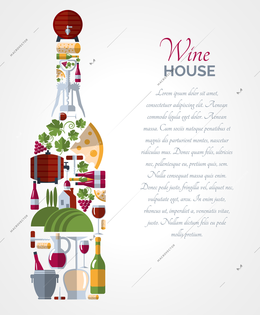 Wine house advertisement icons composition bottle shape poster with ice bucket and cheese abstract vector isolated illustration