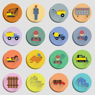 Construction flat icons set of site crane truck and mixer isolated vector illustration
