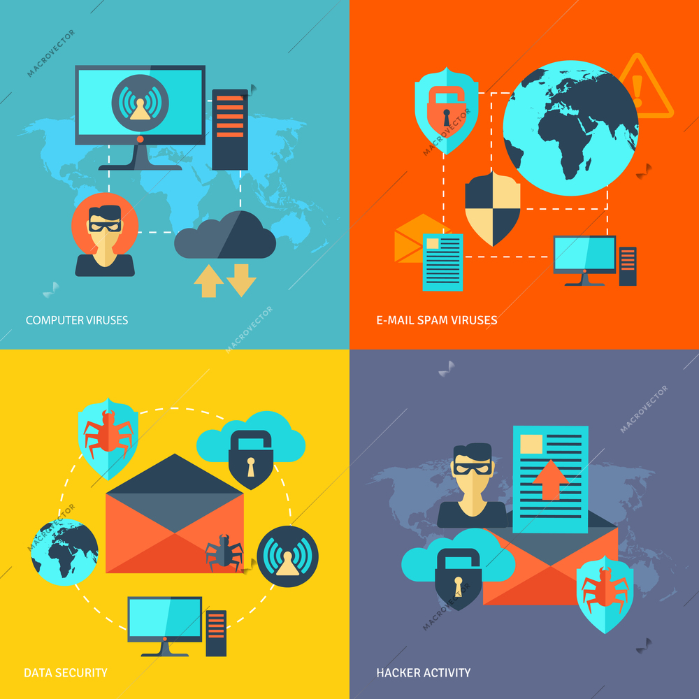 Network security design concept set with computer viruses e-mail spam hacker activity flat icons isolated vector illustration