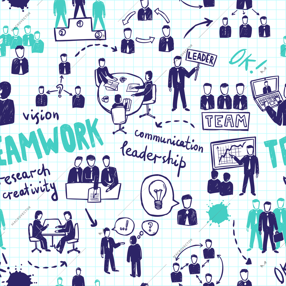 Teamwork hand drawn seamless pattern with business people and resources vector illustration