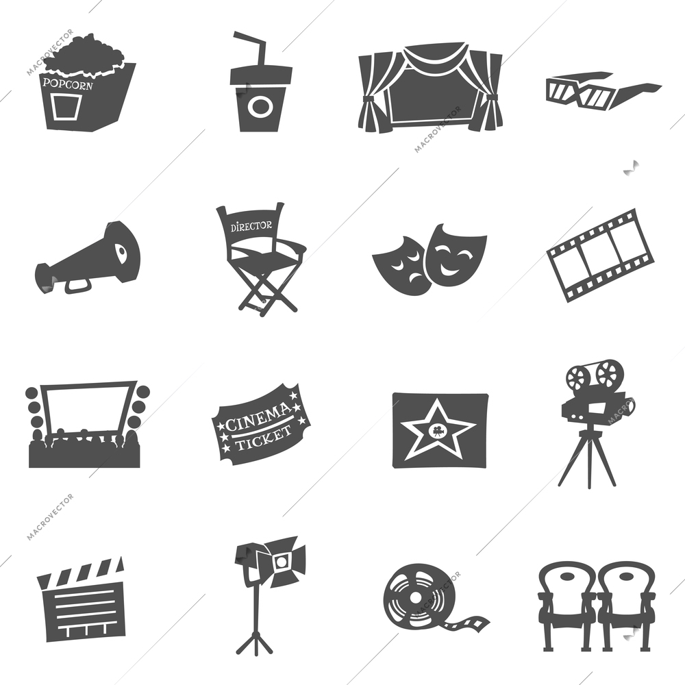 Cinema movie and film icons black flat set isolated vector illustration