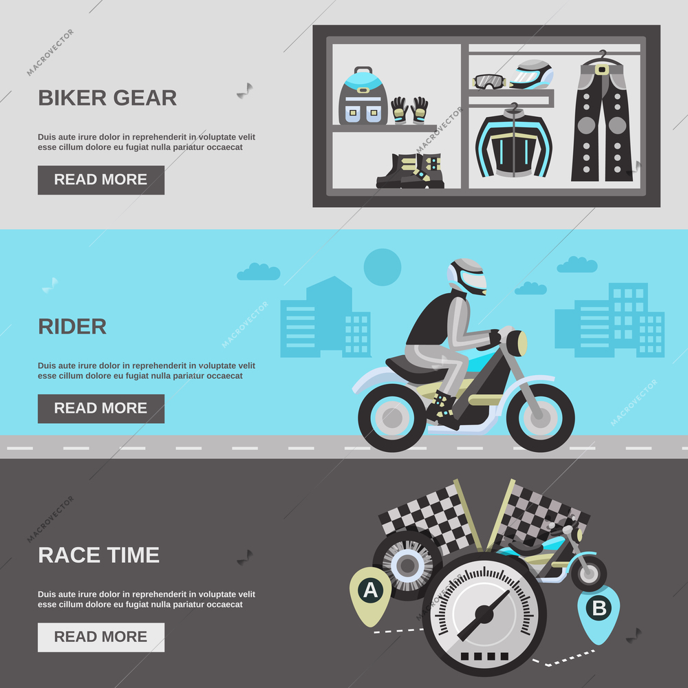 Rider horizontal banner set with biker gear race time flat elements isolated vector illustration