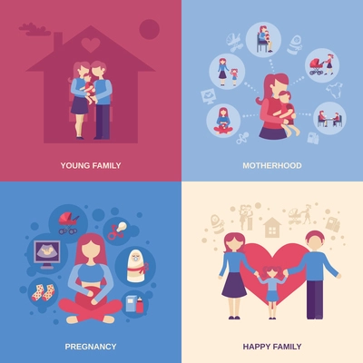 Motherhood design concept set with young happy family flat icons isolated vector illustration