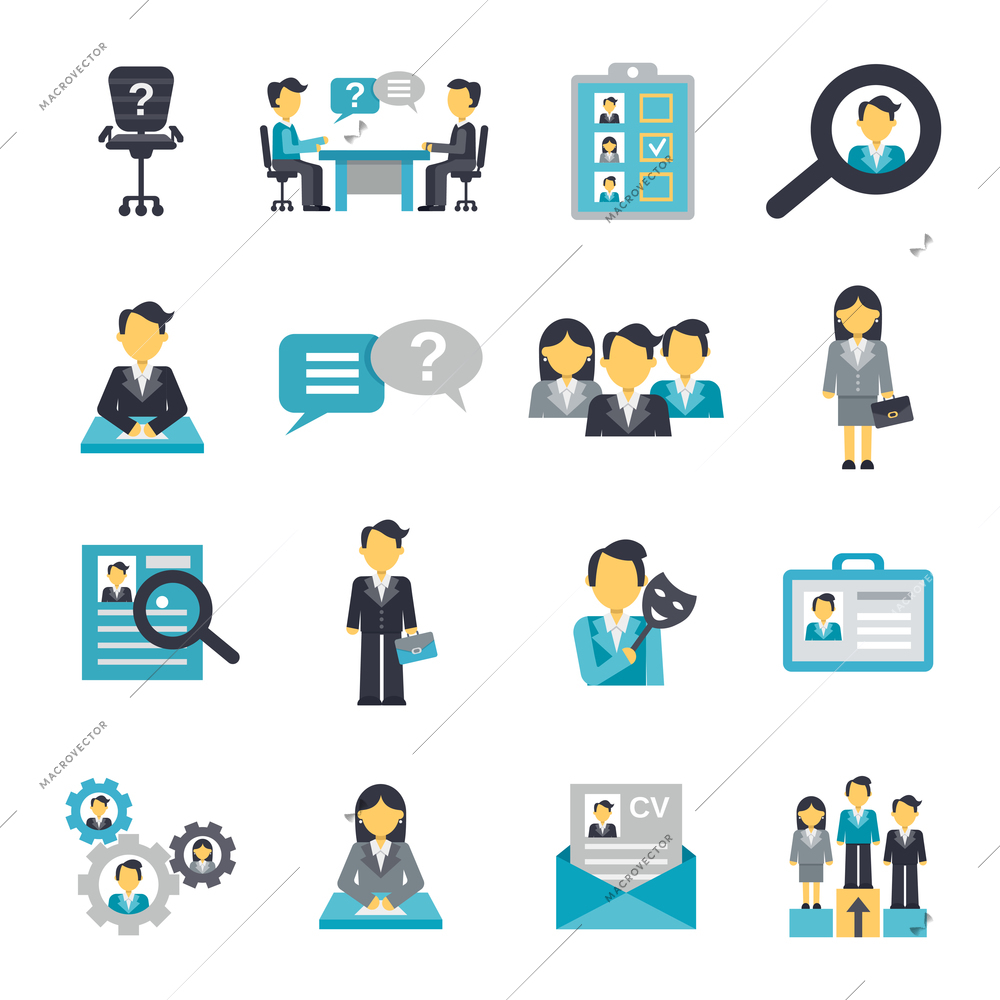 Human resources organization strategy management icons flat set isolated vector illustration