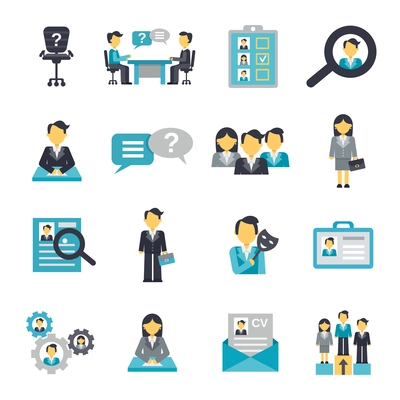 Human resources organization strategy management icons flat set isolated vector illustration