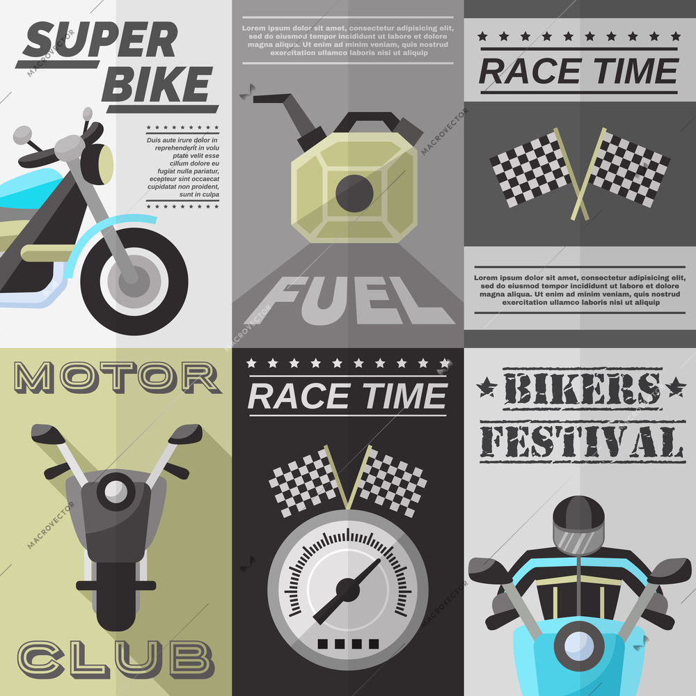 Rider vintage mini poster set with retro bikes and scooters isolated vector illustration