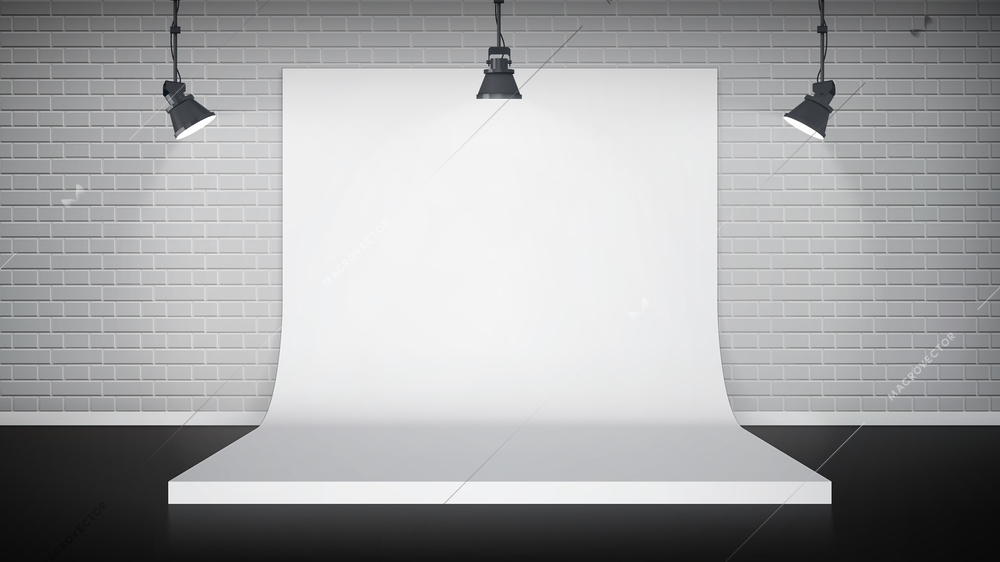 Studio interior with white backdrop and lamps on a brick wall vector illustration
