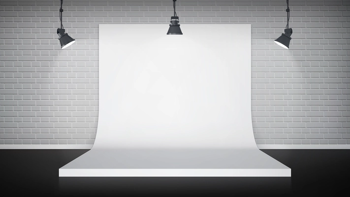 Studio interior with white backdrop and lamps on a brick wall vector illustration