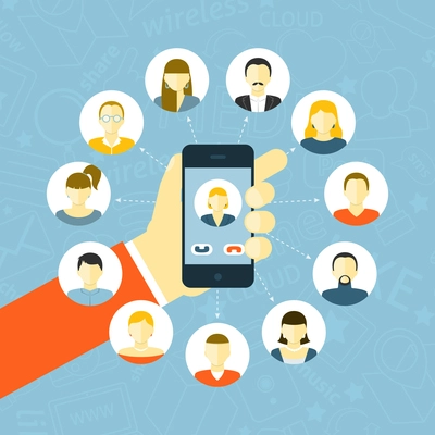 Social network concept with hand holding smartphone and people avatars connected vector illustration