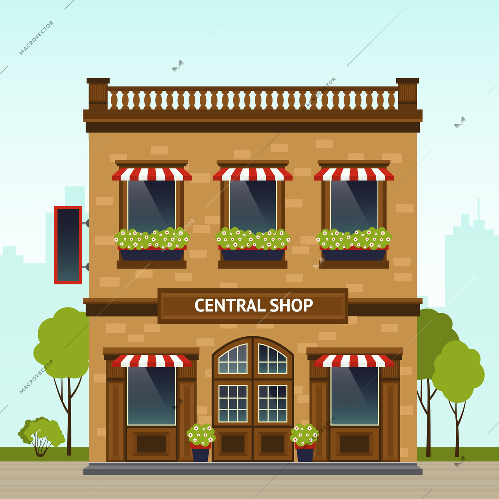 Brick building retro style shop facade with city on background flat vector illustration