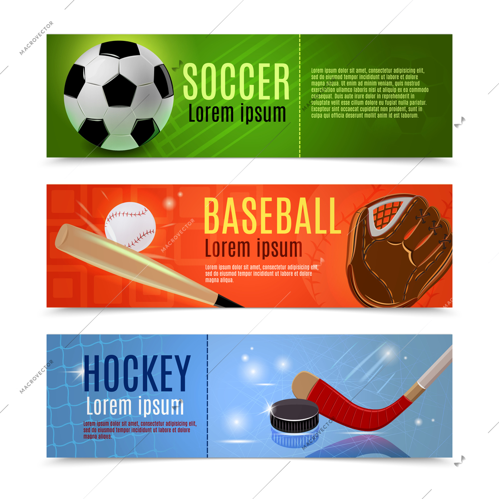 Sport banner flat horizontal set with soccer baseball hockey accessories isolated vector illustration