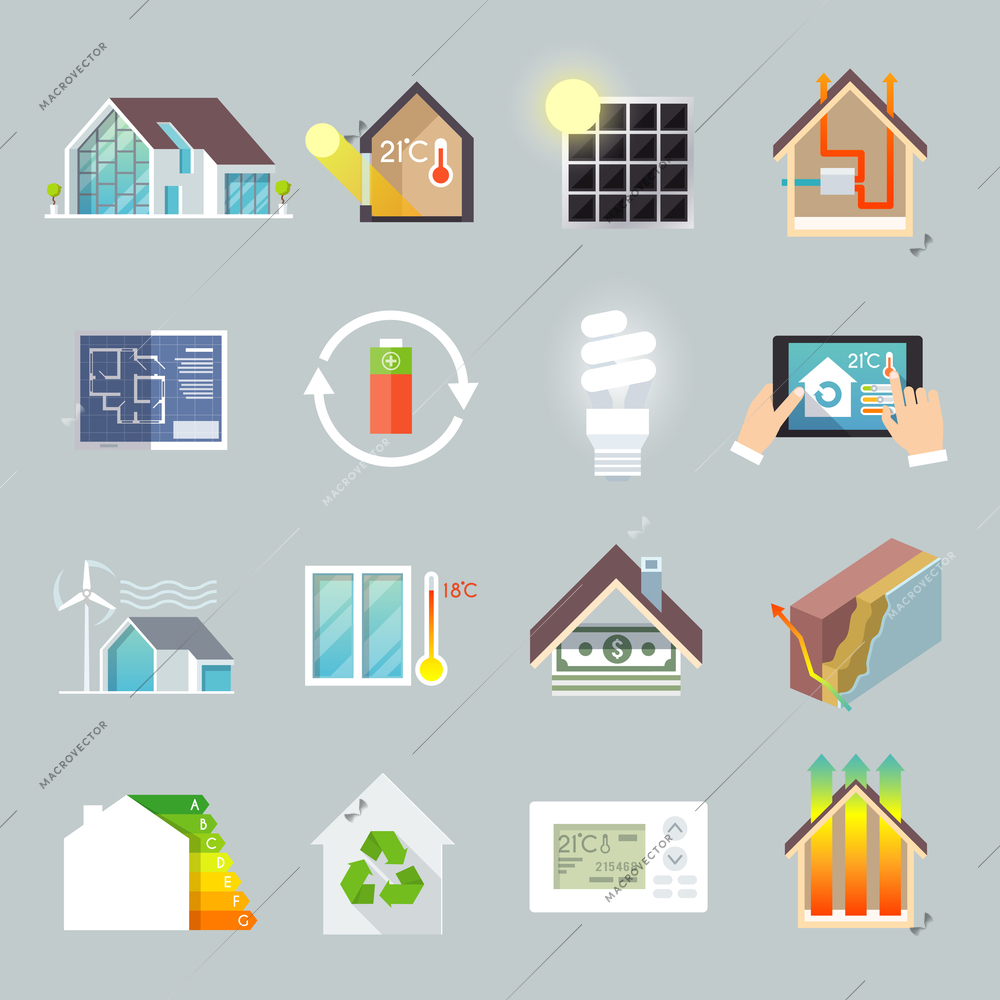 Energy saving environment friendly green house icons set isolated vector illustration