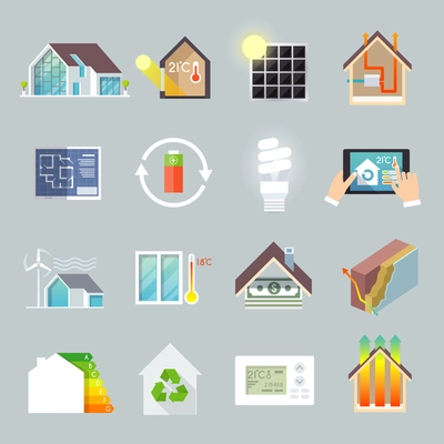 Energy saving environment friendly green house icons set isolated vector illustration