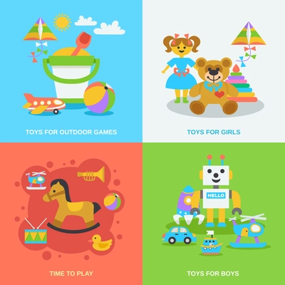 Toys design concept set with boys and girls games flat icons isolated vector illustration