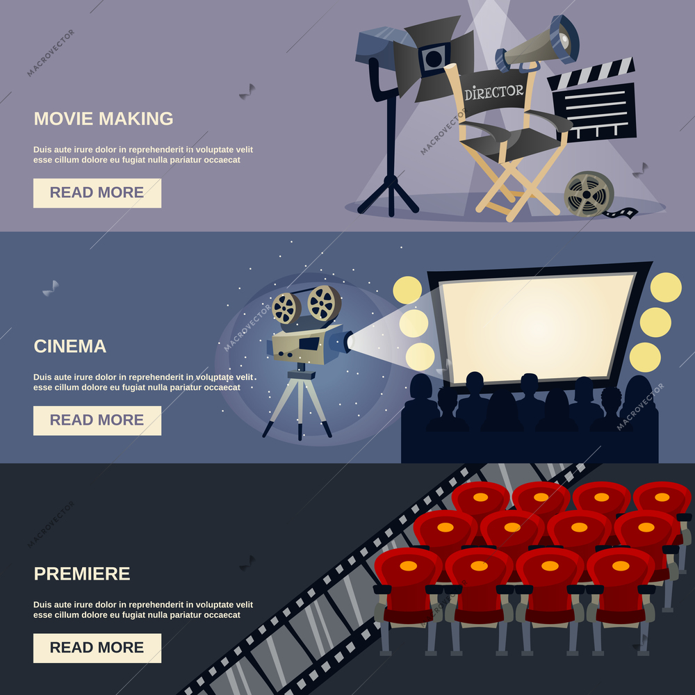 Cinema horizontal banner set with movie making premiere flat elements isolated vector illustration