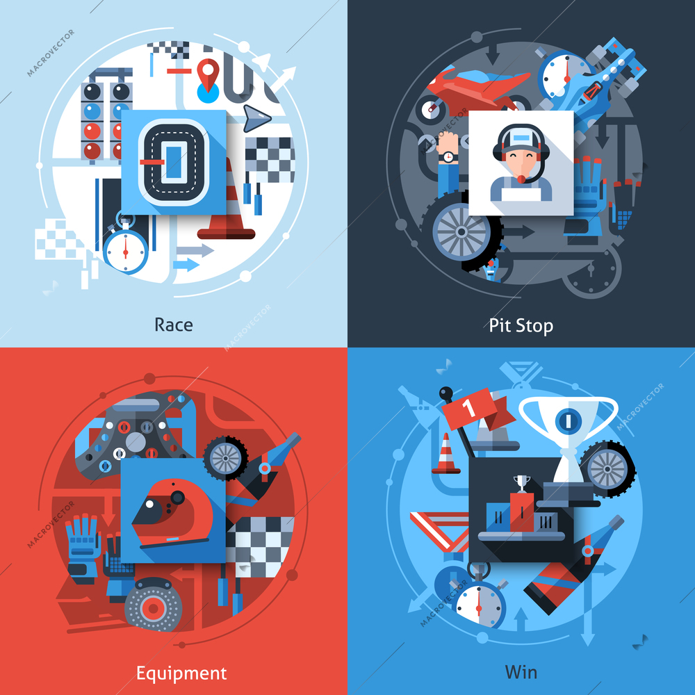 Racing design concept set with pit stop equipment win flat icons isolated vector illustration