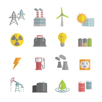 Energy power flat icons set of solar panels wind turbine and nuclear plant isolated vector illustration