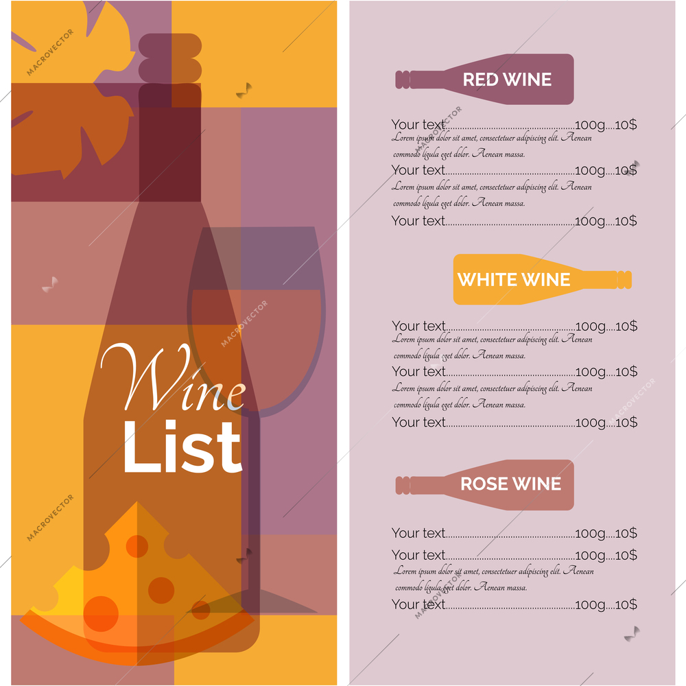 Restaurant bar menu card stencil for red white and rose wine with bottle pictogram abstract vector illustration