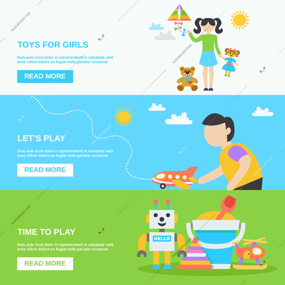 Toys horizontal banner set with girls and boys playing isolated vector illustration