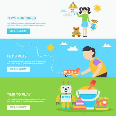 Toys horizontal banner set with girls and boys playing isolated vector illustration