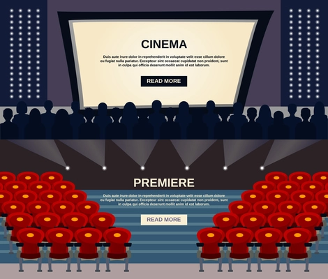 Cinema horizontal banner set with viewers in auditorium and screen flat elements isolated vector illustration