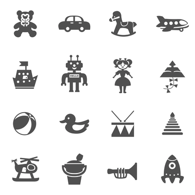 Toys black flat icons set with rocket plane airplane isolated vector illustration