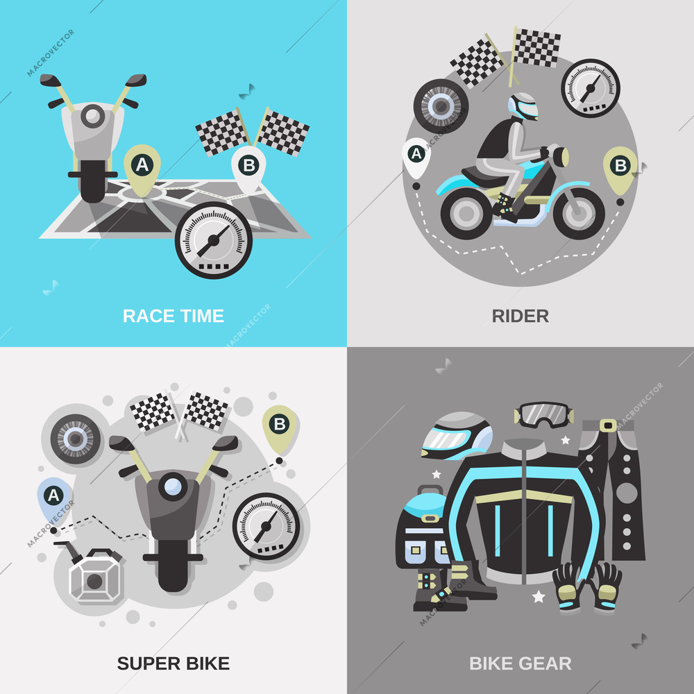 Rider design concept set with super bike race time flat icons isolated vector illustration