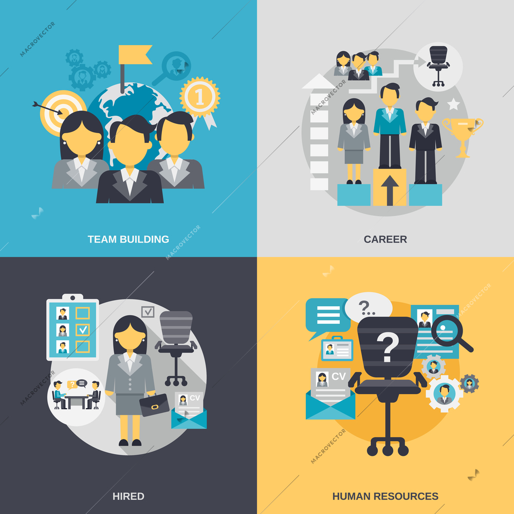 Human resources design concept set with team building career hired person flat icons isolated vector illustration