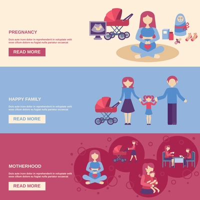 Motherhood horizontal banner set with pregnancy and happy family flat elements isolated vector illustration