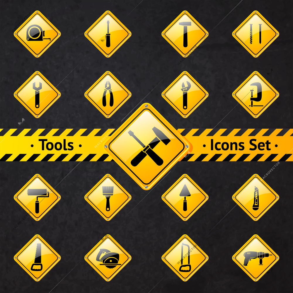 Toolbox attention yellow and black signs collection isolated vector illustration