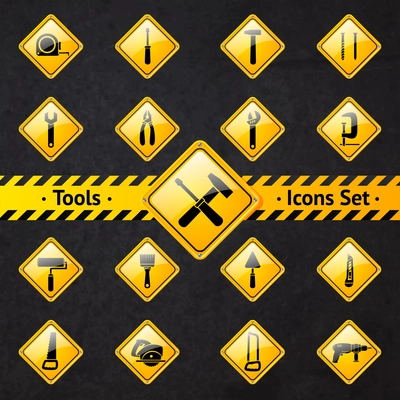 Toolbox attention yellow and black signs collection isolated vector illustration